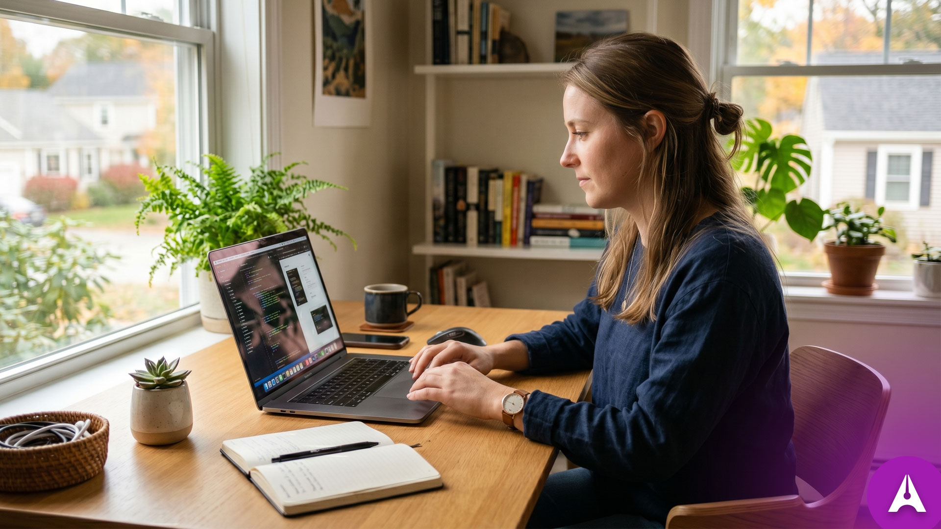 Photo of freelance copywriter sitting at her desk