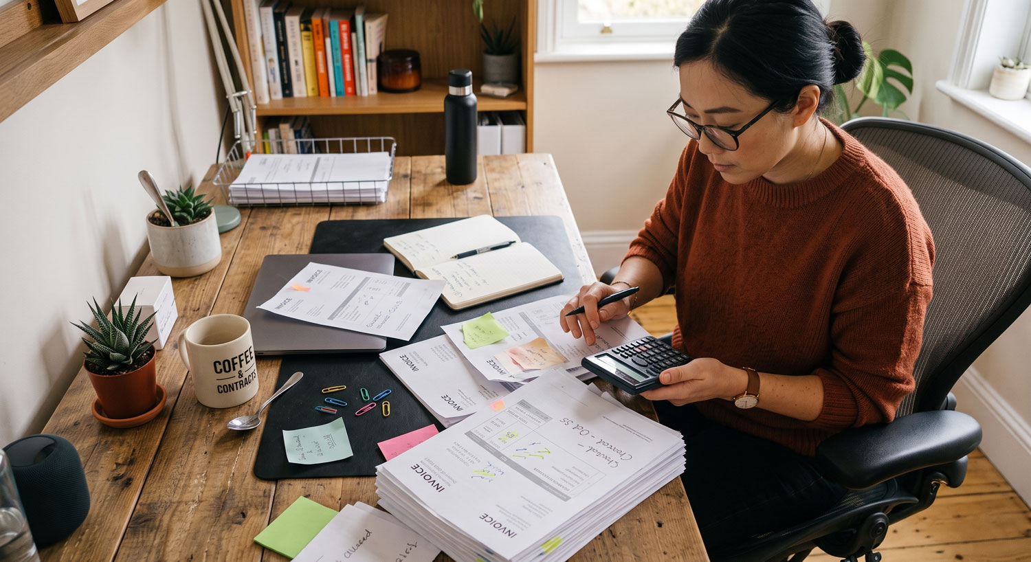 A freelancer reviewing a stack of printed invoices at a tidy desk, calculator in hand
