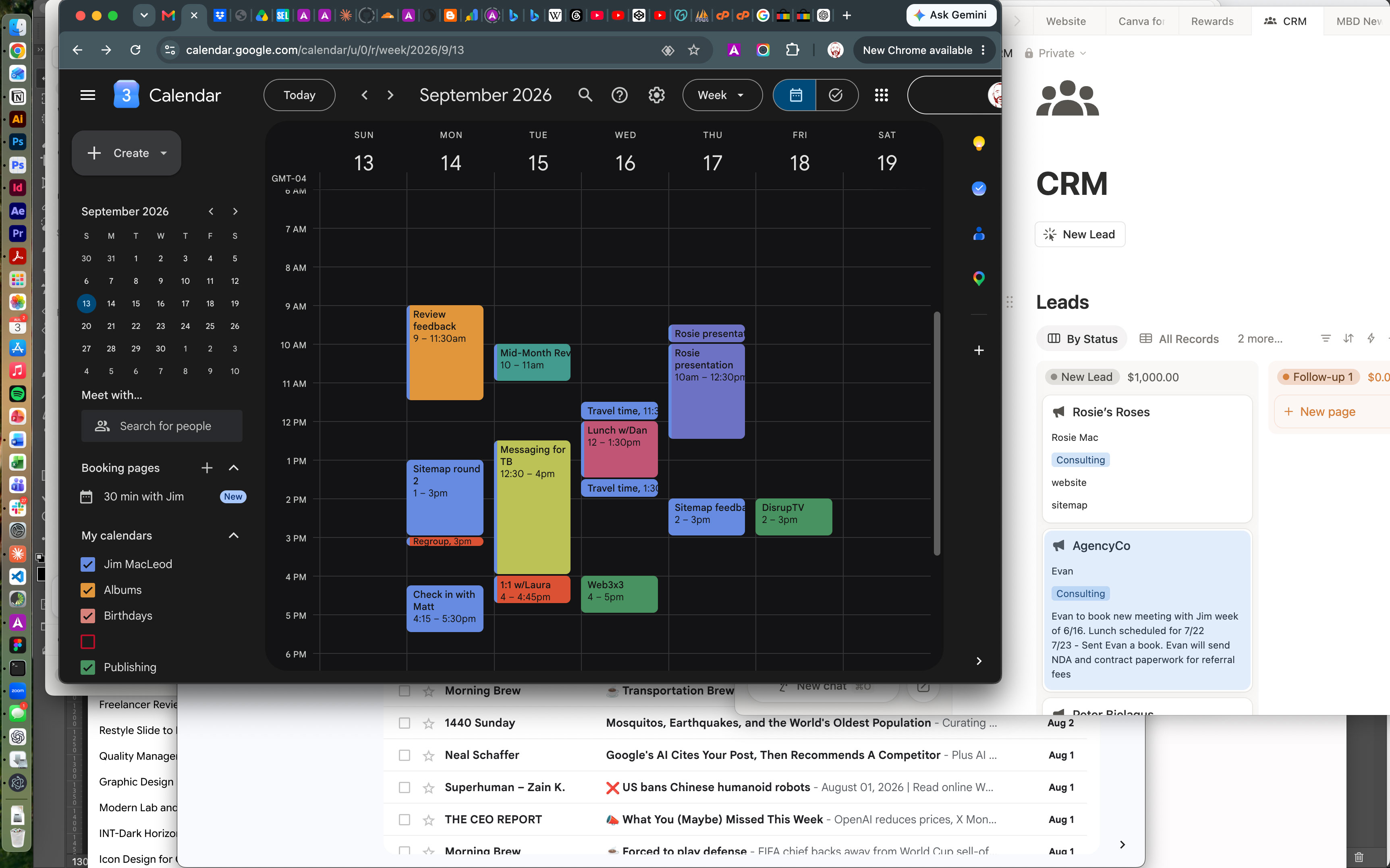 Calendar, inbox, and notes app open side by side on a laptop screen