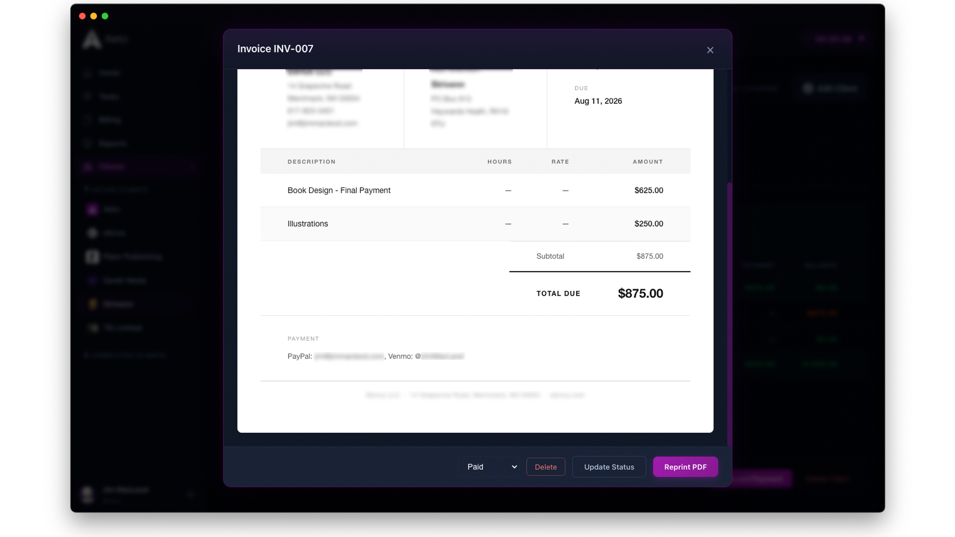 A kanban task board with an active timer next to an invoice line item on the same screen