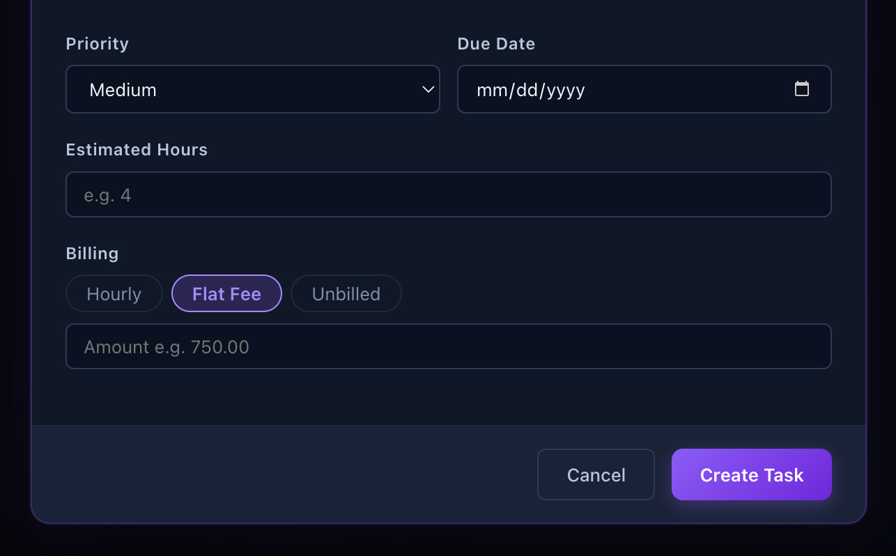 Aeto project types showing hourly, flat-fee, and unbilled billing options