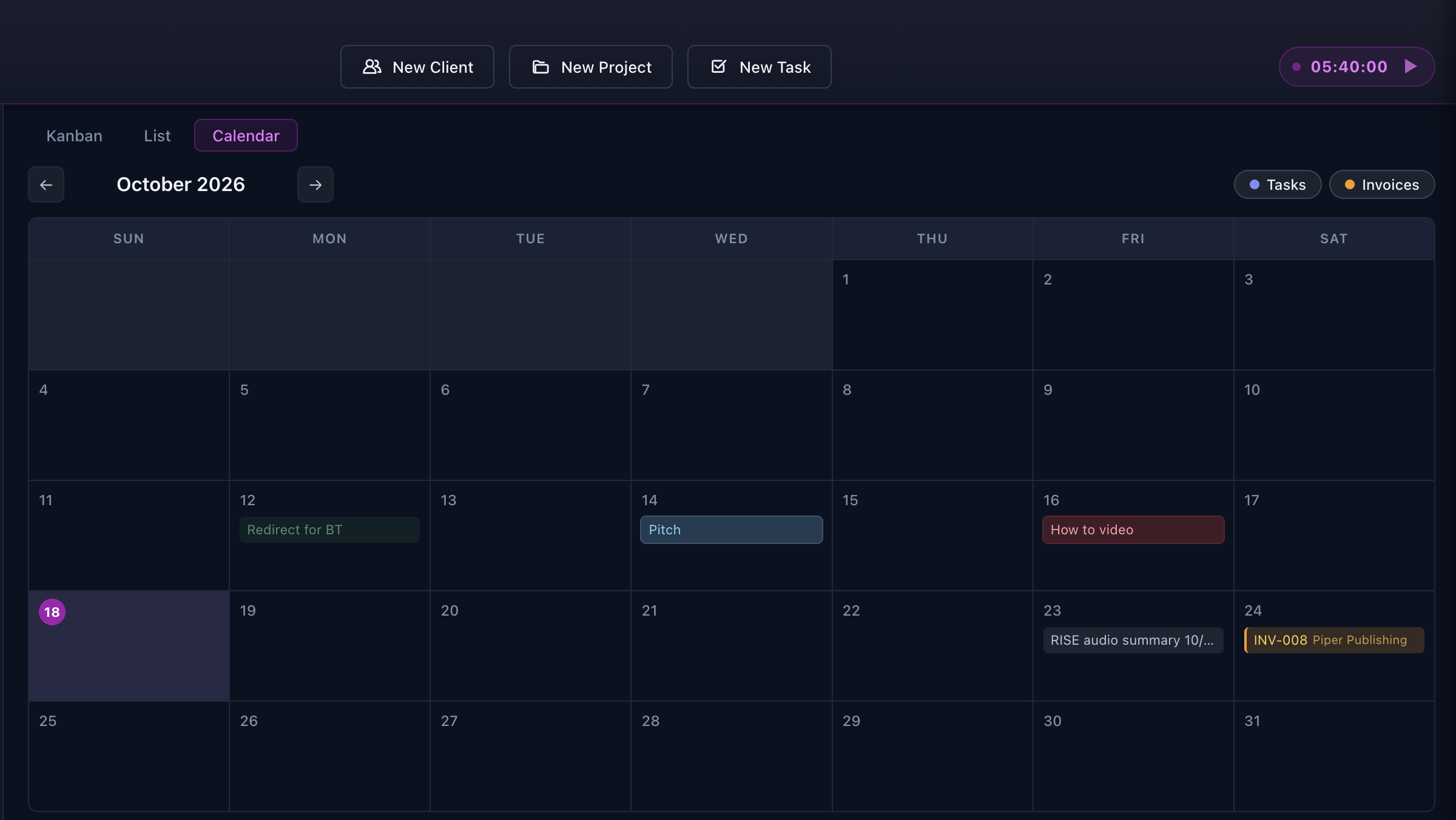 Aeto calendar showing task deadlines and an invoice due date in the same month