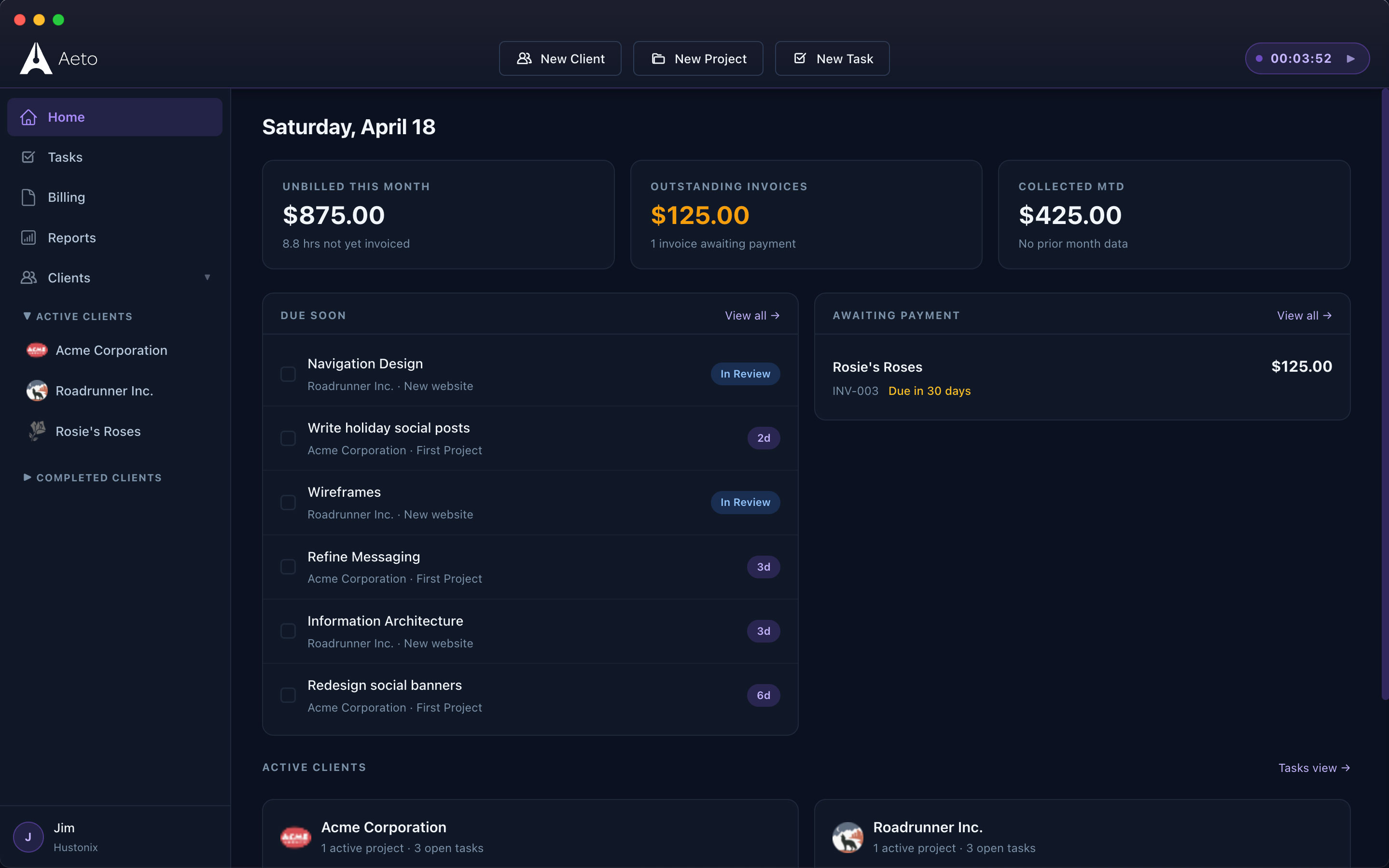 Aeto dashboard showing active projects, weekly hours, deadlines, and recent invoices
