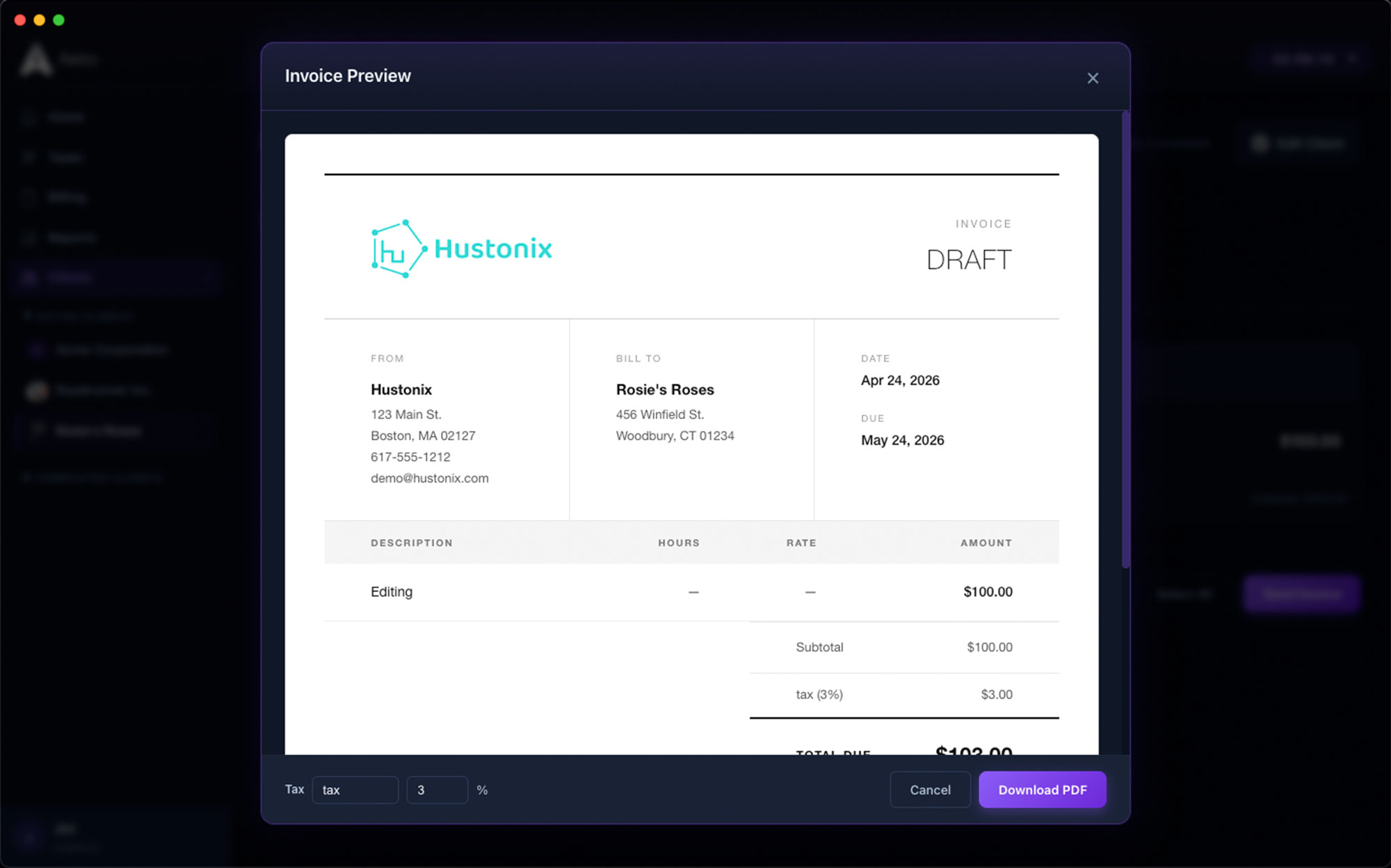 Aeto invoice preview showing line items from tracked time