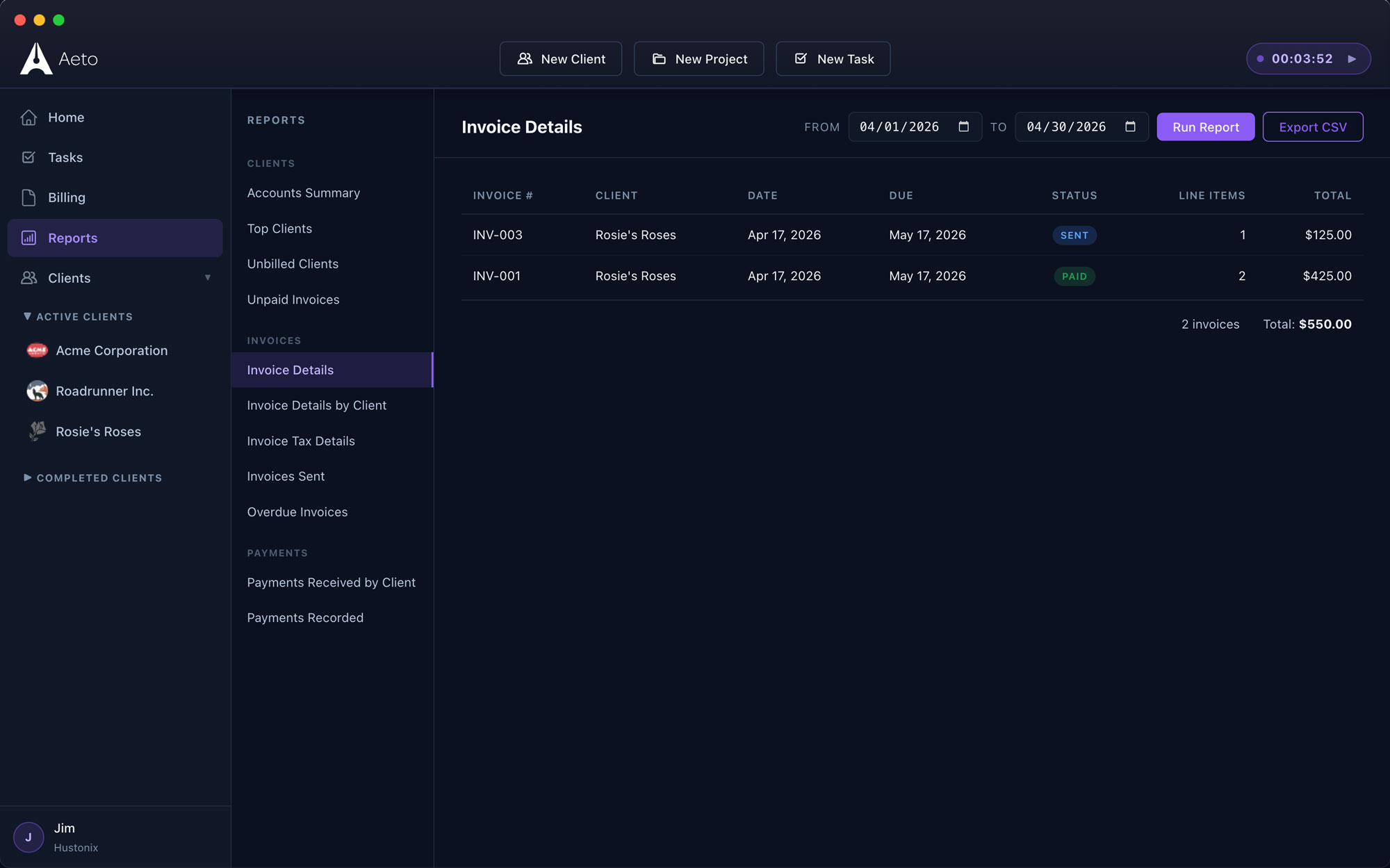 Aeto payments ledger showing invoice status