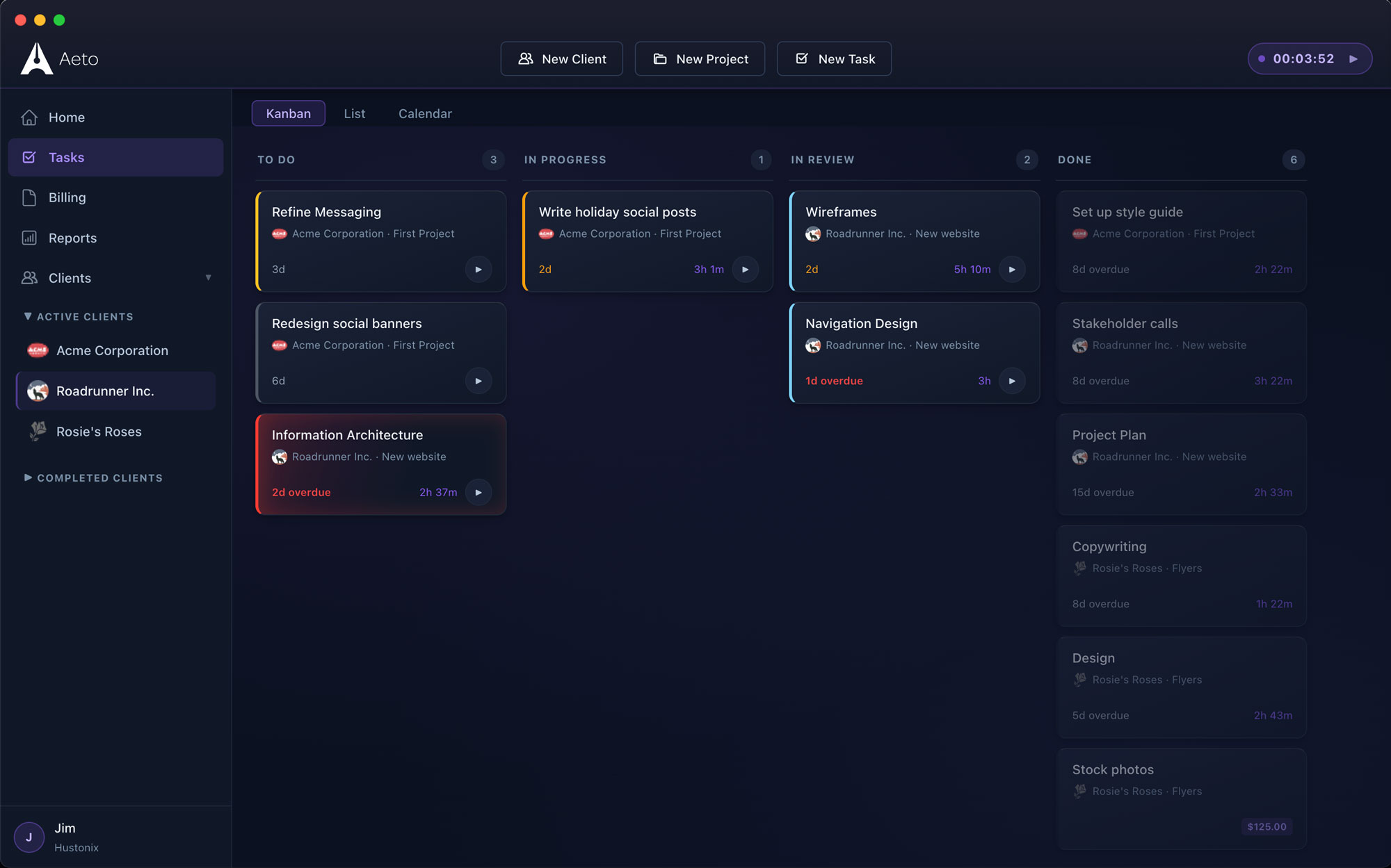 Aeto app showing Kanban board, time tracking, and invoicing dashboard
