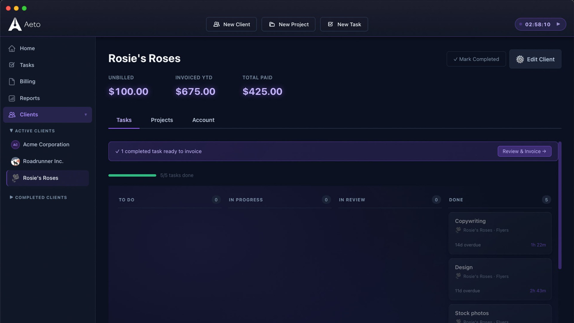 The Aeto client screen for Rosie’s Roses showing $100 unbilled, a “1 completed task ready to invoice” banner with a Review & Invoice button, and five done tasks with logged time