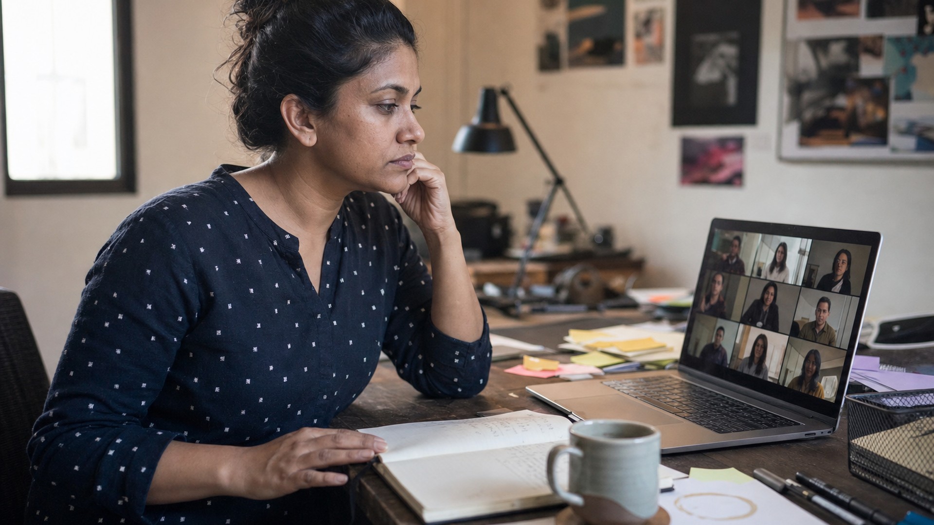 A freelance designer on a video call, reviewing feedback from a new stakeholder who just joined the project