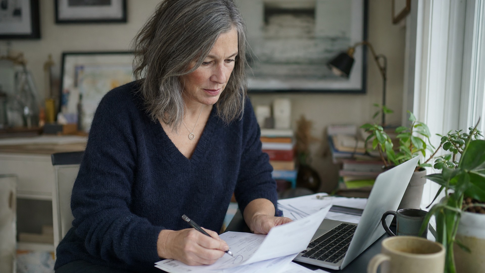 A freelance copywriter reviewing a printed invoice next to her laptop, circling a line item in pen