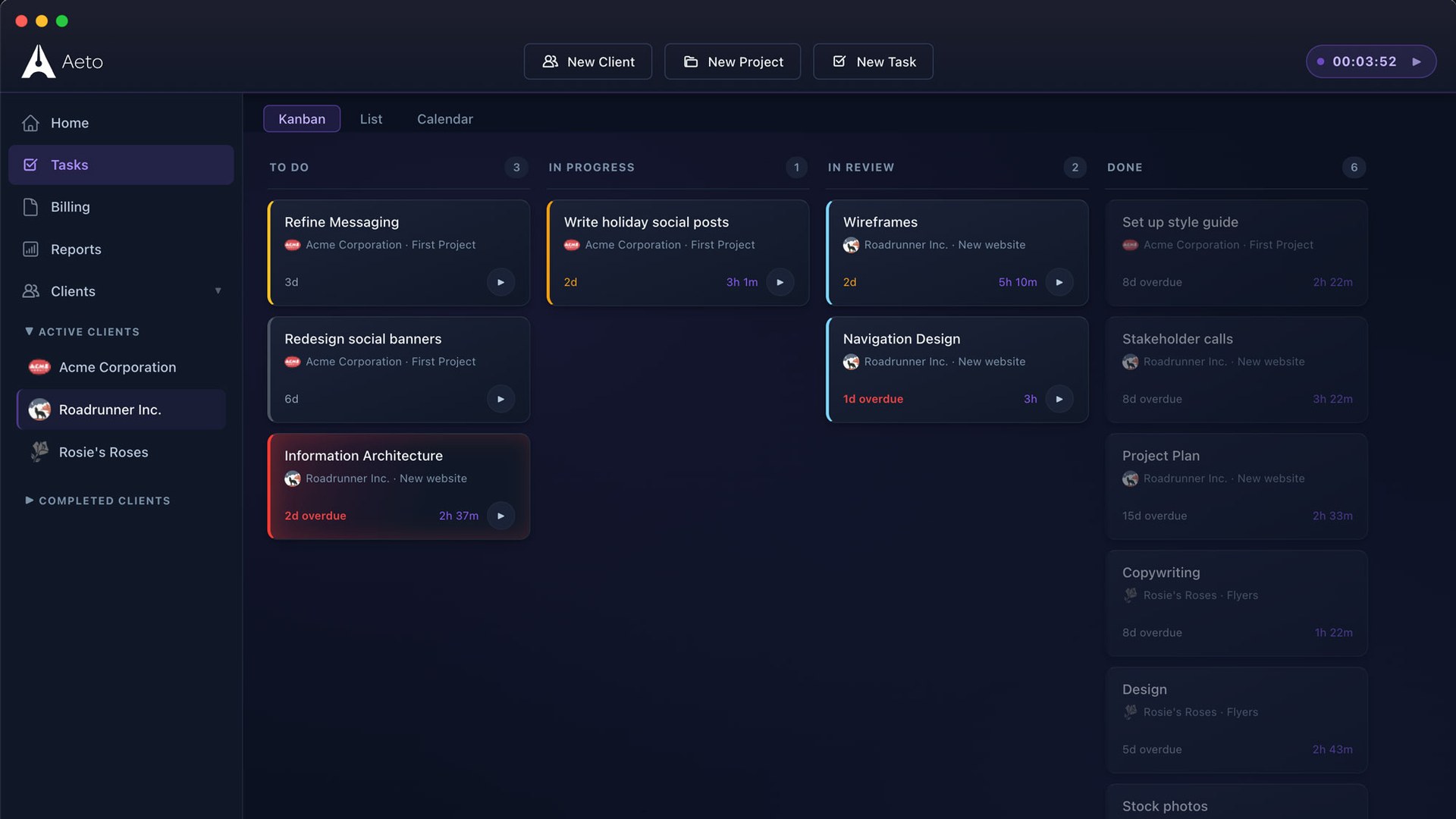 Aeto’s Kanban board with tasks for three clients across To Do, In Progress, In Review, and Done, with tracked time shown on the cards that have it