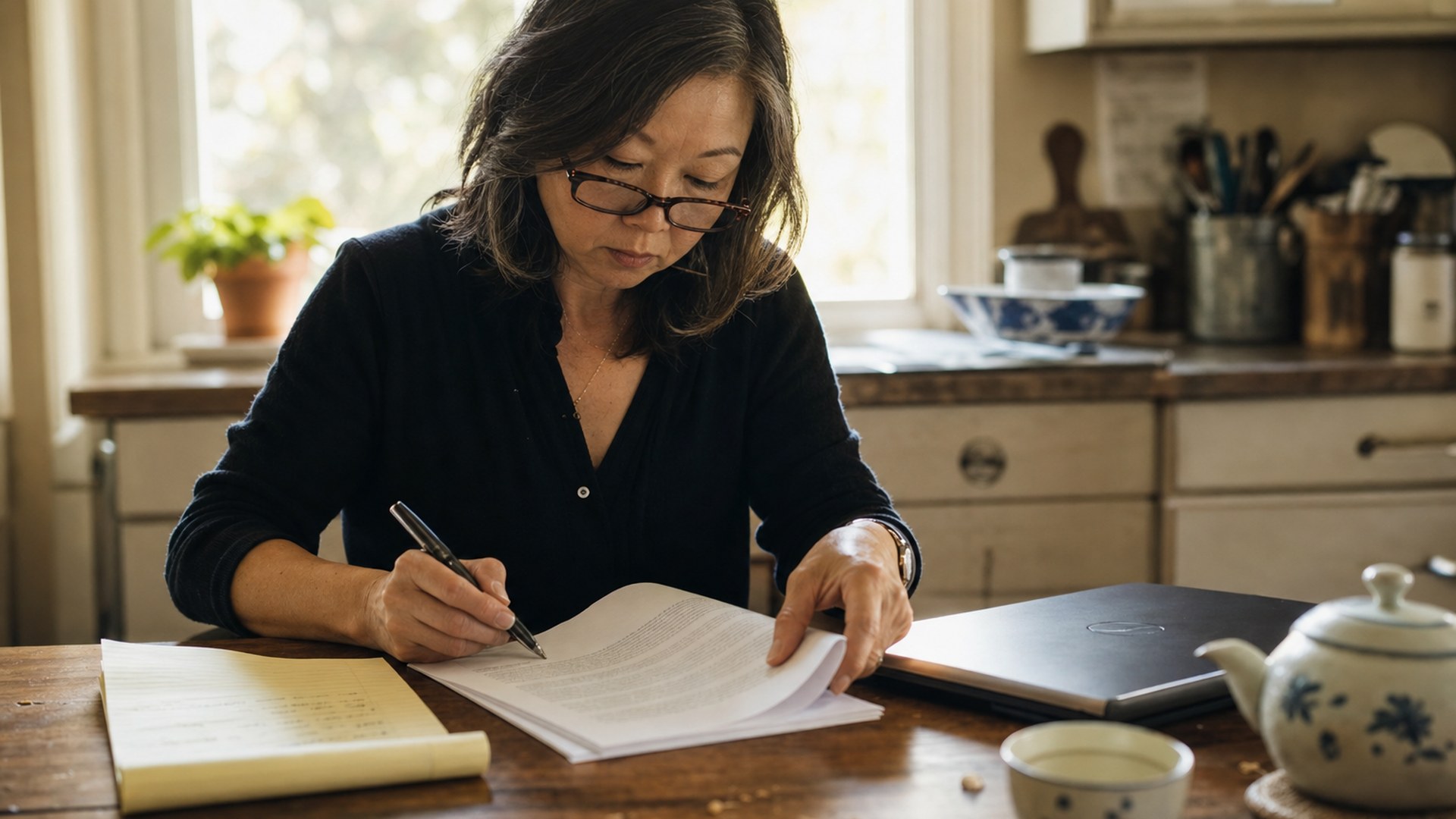 An independent consultant marking up a printed project agreement at her kitchen table, a handwritten list on a legal pad beside her