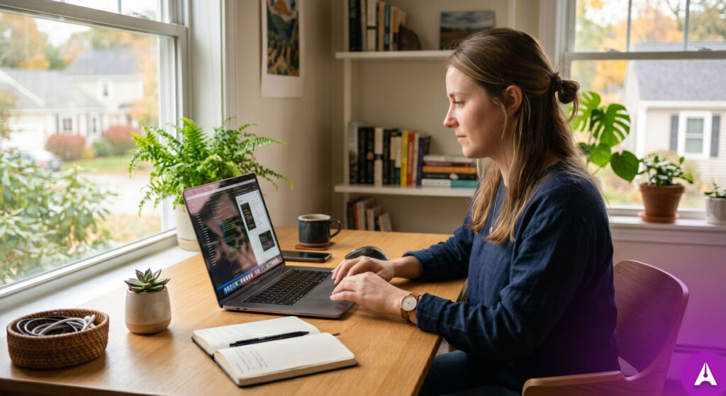 Photo of freelance copywriter sitting at her desk