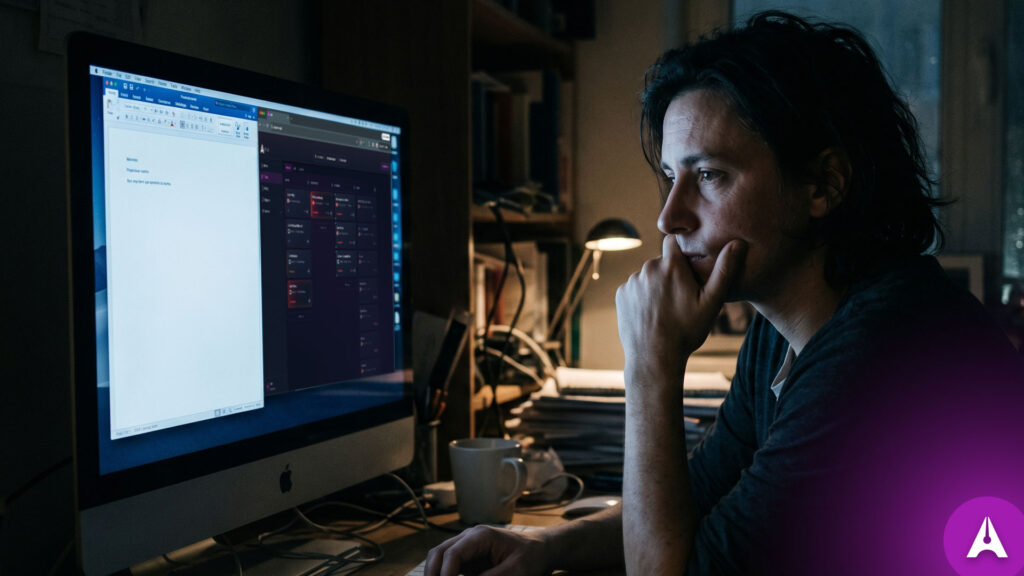 Photo of freelancer looking at computer screen, including Aeto dashboard.